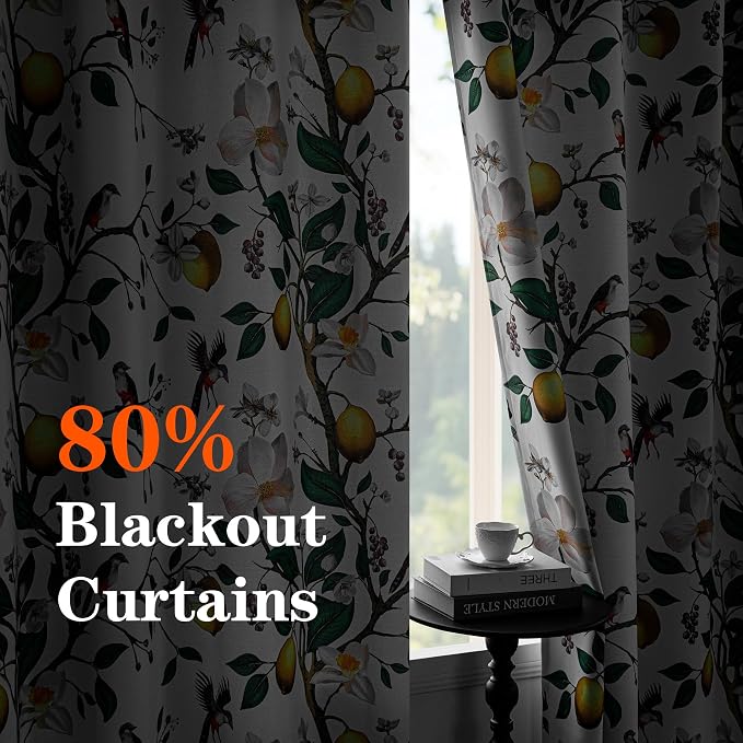 MYSKY HOME Floral Curtains 95 Inch Long for Living Room Vintage Farmhouse Room Darkening for Dining Room Bedroom Lemon Hummingbird Patterned Thermal Insulated Drape, 2 Pcs, W52, Greyish White