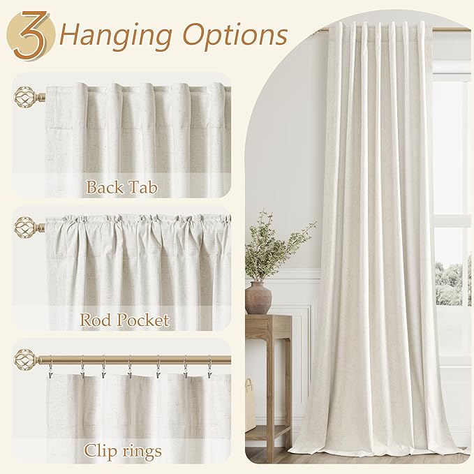 Extra Long 100% Blackout Linen Curtains for Bedroom 120 Inch Long 10 FT Natural Cream Black Out Curtain Back Tab Thermal Insulated Room Darkening Window Drapes for Living Room 2 Panels Beige Ivory