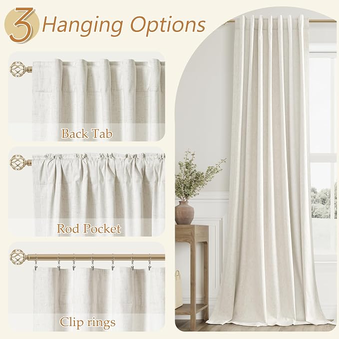 Guken 100% Blackout Linen Curtains for Bedroom 94 Inches Long Natural Cream Black Out Curtain Back Tab Thermal Insulated Room Darkening Window Drapes for Living Room 2 Panels Beige Ivory 52x94