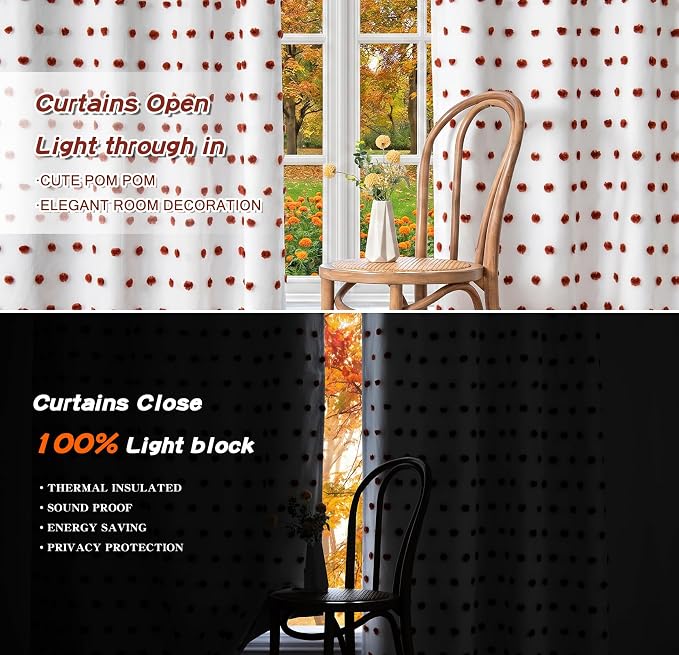 MYSKY HOME Boho Blackout Curtains 84 Inches Long for Bedroom 100% Room Darkening Curtain for Living Room Grommet Thermal Insulated Window Drapes with Terracotta Pom Pom Sheer 52W x 84L, 2 Panels