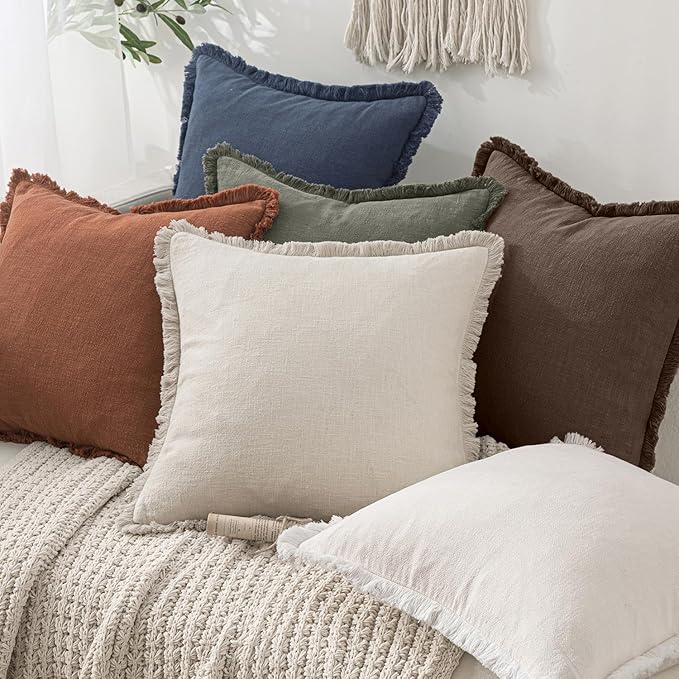 MIULEE Decorative Lumbar Throw Pillow Covers Neutral Linen Fringe Throw Pillows Set of 2 Reddish Brown Boho Farmhouse Cushion Covers for Couch Sofa Bed Living Room Fall Home Decor 12x20 Inch