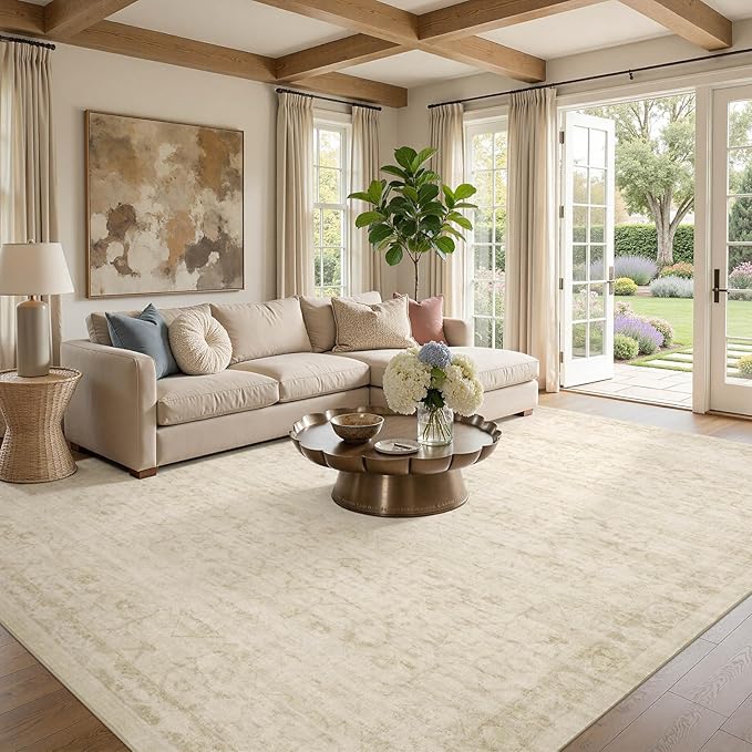 Nakagishi 8X10 Area Rugs Living Room: Washable Large Vintage Rug Neutral Non-Slip Soft Stain Resistant Indoor Carpet for Bedroom Nursery Dining Room Office Playroom - Vintage Beige