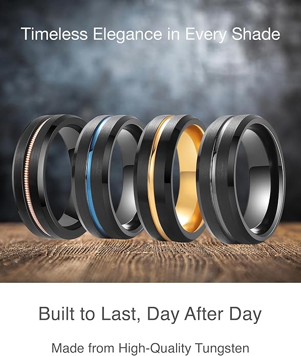 LerchPhi Tungsten Wedding Band for Men, Engraved and Customizable Promise Rings for Him and Her, Width 6MM 8MM Size 6-14, Center Grooved Beveled Edge, Comfort Fit