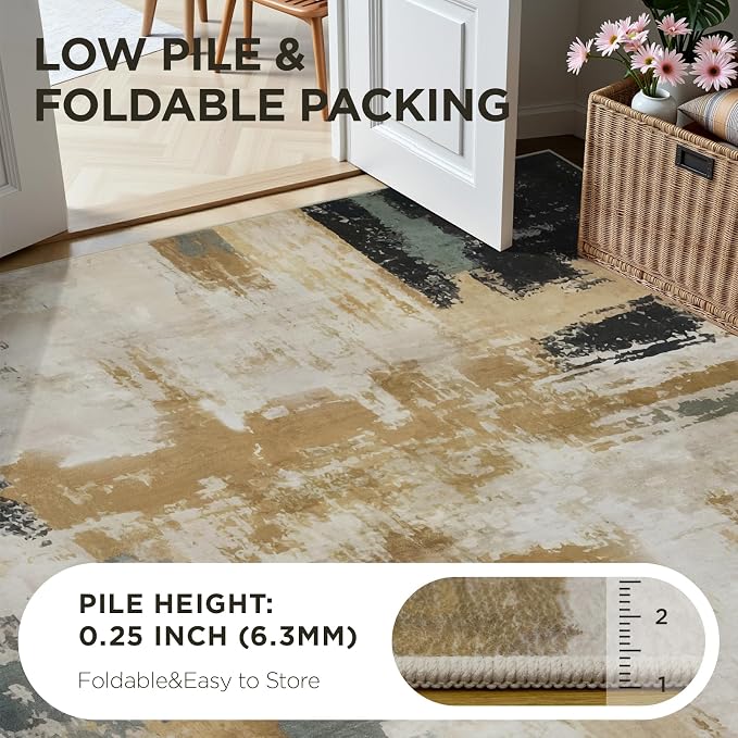 Joydeco 6x9 Area Rugs for Living Room, Non-Slip Modern Abstract Soft Washable Rug, Low Pile Carpet for Bedroom, Dining Room, Home Office, Pet & Child Friendly, White &Beige & Dark Gray