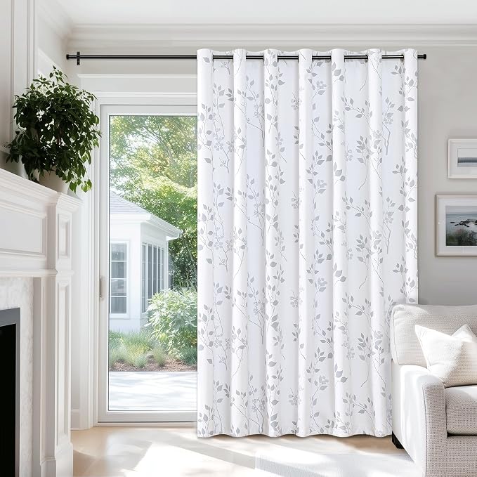 Beauoop Floral 100% Blackout Sliding Door Curtains Grey White 100x84 1 Set | Flower Patterned Room Darkening Patio Curtains Extra Wide Room Divider Drapes Thermal Soundproof Window treatment Grommet