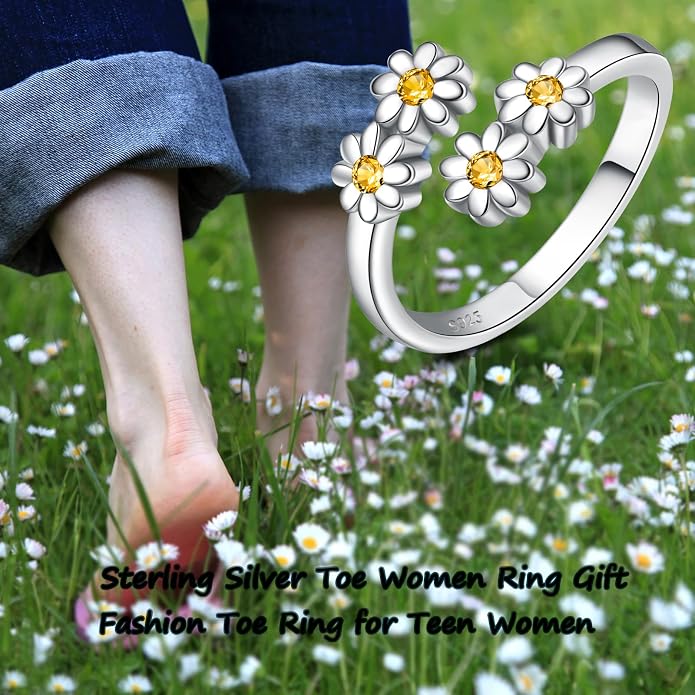 Jinlou 925 Sterling Silver Dainty Daisy Rings Flower Finger Rings For Women Love Promise Band Sunflower Adjustable Thumb Rings For Women