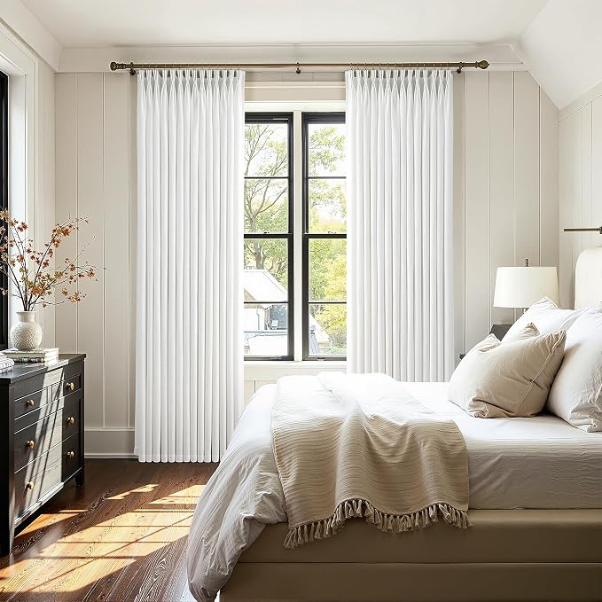 Beige White Triple Pinch Pleated Curtains 90 Inch 2 Panels for Living Room Bedroom Memory Shape Trained Pleated Linen Drapes Ivory Off White Semi Sheer Light Filtering Privacy Curtains 90 Inch Length