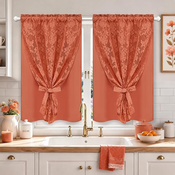 Yinhua Terracotta Kitchen Curtains 36 Inch Length Double Layer Curtain Farmhouse Blackout Curtains for Kitchen Rod Pocket Short Curtain for Windows, Bathroom, Living Room, 2 Panels