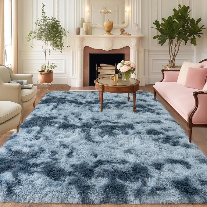 8x10 Area Rugs for Living Room, Dark Blue Tie-Dyed Plush Fluffy Carpet | Upgrade Non-Slip Thick Large Blue Area Rug for Nursery Kids Room Dorm Room Home Decor, Indoor Plush Floor Carpet