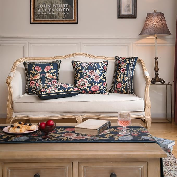 patdrea Designer French Velvet Throw Pillow Cover,Set of 4,-Oldgarden | Elegant Lumbar Pillow Case,Navy Blue Floral Pattern,Decorative Cushion Coverfor Couch Living Room Bedroom Sofa