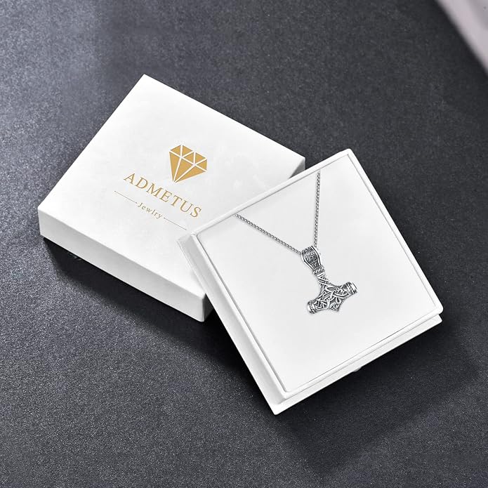 ADMETUS 925 Sterling Silver Thor Hammer Necklace Viking Mjolnir Pendant Jewelry Gifts for Men with 2.5mm 22"+2" Rolo Chain