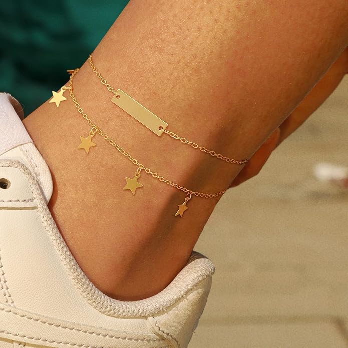 ASCOMY Anklets for Women 14K Gold/Silver Ankle Bracelets Dainty Cute Star Cubic Zirconia Devil's Eye Infinity Charm Pearl Satellite Sparkling Chain Summer Beach Foot Bracelet Jewelry Gifts for Her