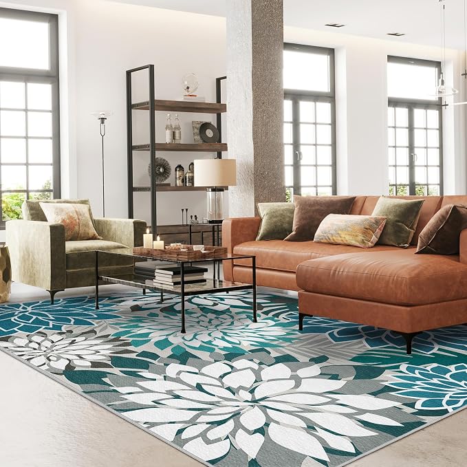 Colorful 6x9 Outdoor Area Rug Washable Multicolored Patio Rug Tropical Botanical Floral Chenille Waterproof Outdoor Carpet Non-Slip for Patio, Deck, Backyard, Porch, Teal