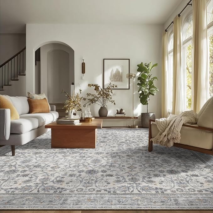 Washable Rugs for Living Room: 9x12 Area Rugs for Bedroom Ultra Soft Non-Slip Stain Resistant Vintage Boho Large Carpet for High-Traffic Dining Room - Farmhouse Decor