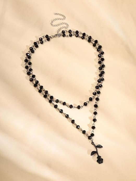 Sacina Layered Black Beaded Rose Choker, Gothic Emo Grunge Necklace, Goth Jewelry, Halloween Christmas Jewelry Gift for Women