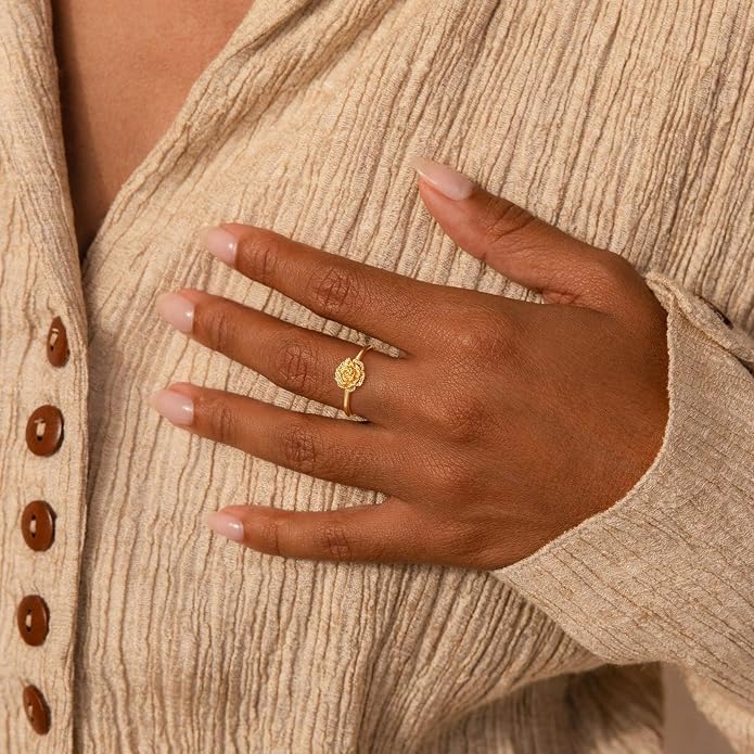 Birth Flower Ring for Women 14K Gold Plated Floral Minimalist Stackable Finger Jewelry Birthday Gifts