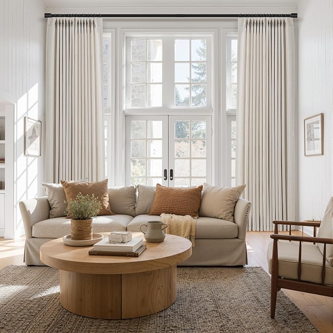 Aersas Mousse White Pinch Pleated Linen Curtains 84 Inches Long for Living Room Bedroom Pleat with Rings Back Tab Semi Sheer Curtain 84 Inch Length 2 Panels Set Light Filtering Farmhouse Drapes