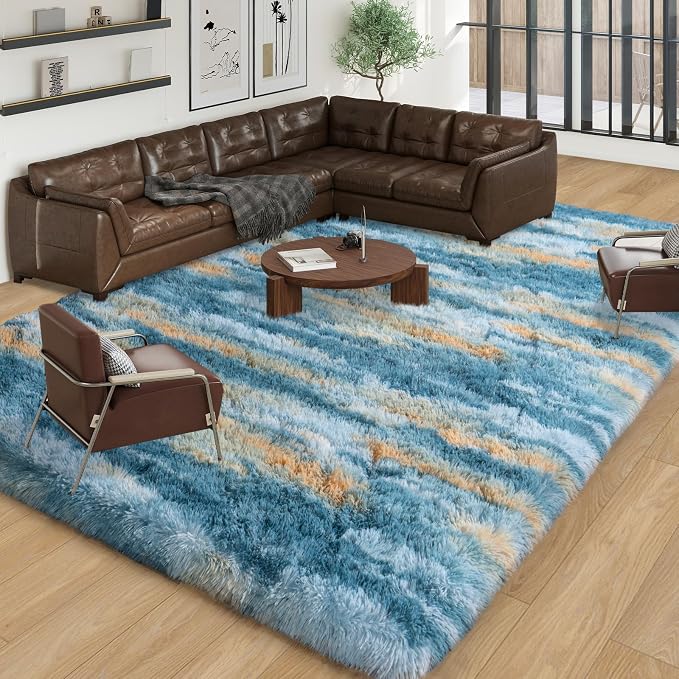 Dssimo Blue and Yellow Rugs for Living Room Bedroom, 9x12 Shaggy Area Rug | Large Plush Furry Upgrade Non-Slip Abstract Rug for Nursery Kids Room Dorm Room Home Decor, Modern Indoor Floor Carpet
