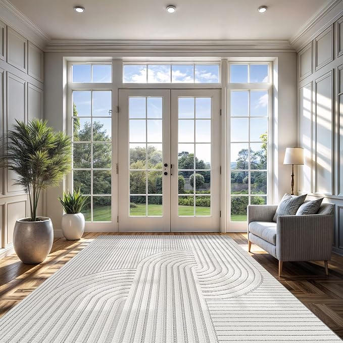 CAMILSON Modern Rug 10x14 Luxury Swirl Curved Large Micro Loop Area Rugs Soft High-Low Pile Stain Resistant Easy to Clean Non-Shedding Durable Living Room Kitchen Indoor Carpet (White)