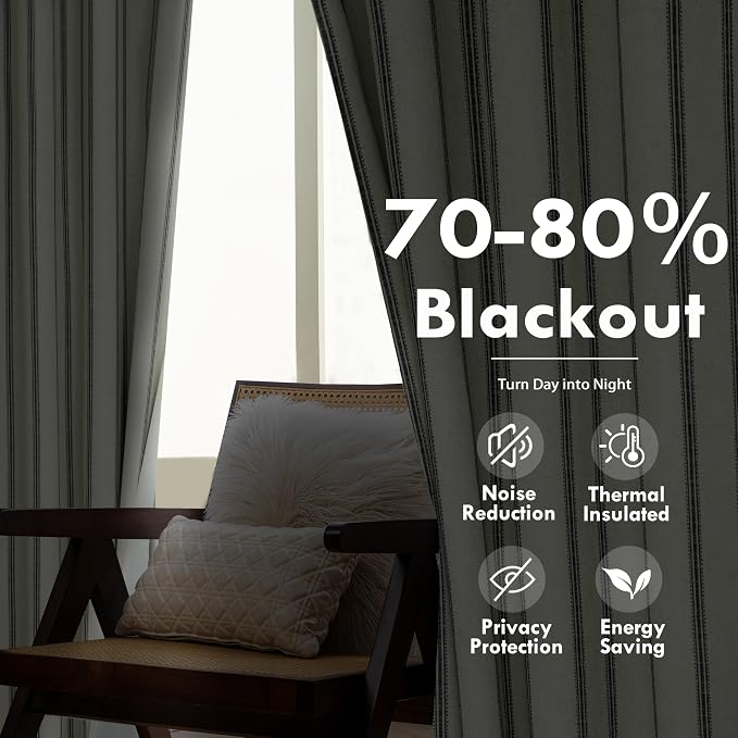 DriftAway Farmhouse Linen Stripe Blackout Curtains, W52xL84, Black | Blackout, Linen Texture, Stripe Pattern, Rod Pocket & Back Tab, Two Layers, Bedroom Living Room Use, Sound Reducing Design