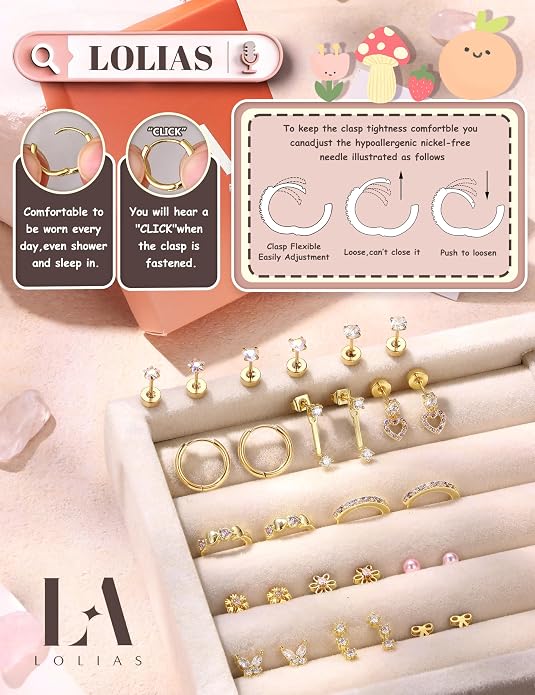 LOLIAS Hypoallergenic Flat Back Earrings for Women Girls-Surgical Stainless Steel Earrings for Sensitive Ears-Cute Flatback Stud Earring Set Small Hoops Cartilage Earring Stacks