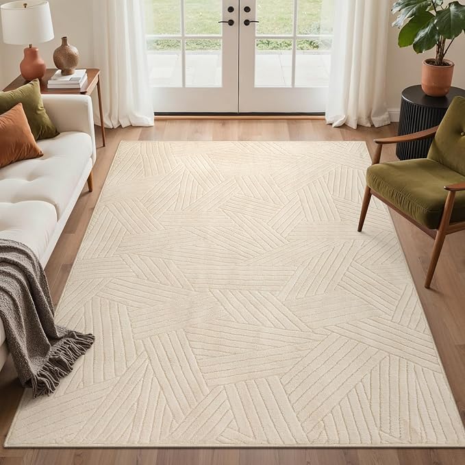 GENIMO Soft Washable Area Rugs 5x7, 3D Modern Line Design Rugs for Living Room, High-Low Pile Textured Non Slip Fuzzy Shag Carpet, Non-Shedding Stain Resistant Beige Carpet for Bedroom, Dining Room
