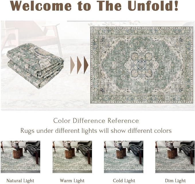 LUXRUG Area Rugs 10x14 Living Room - Large Washable Sage Green Boho Rugs for Bedroom Soft Vintage Rug Ultra-Thin Farmhouse Oriental Carpet Medallion Rug for Dining Room Guest Room Home Decor