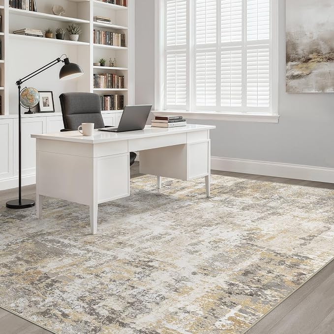 7x9 Area Rug Living Room: Washable Large Neutral Gray Gold Rugs Abstract Soft Modern Stain Resistant Indoor Floor Non-Slip Carpet for Bedroom Nursery Kids Office Playroom Dining Room Under Table Home