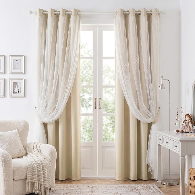 MYSKY HOME Beige Blackout Short Curtains for Bedroom with Polka Dots Sheer Overlay Boho Cream Elegante Nursery Girls Room Curtains 63 inch Long, Grommet Tops, 52" Wide Each Panel, 2 Panels