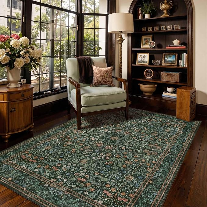 Rugxara Green Floral 4x6 Area Rug Washable Rug for Living Room Bedroom | Non Slip, Throw Rug for Entryway Dining Room Office Kids Room, Stain Resistant, Soft, Low Pile, Vintage Boho Carpet