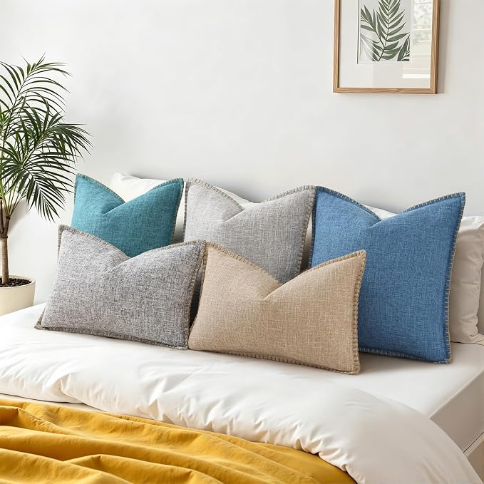 decorUhome Teal Faux Linen Outdoor Throw Pillow Covers 20x20 Set of 2 | Fall Decorative Textured Neutral Modern Farmhouse Pillow Covers with Stitched Edge for Couch Sofa Bed Living Room