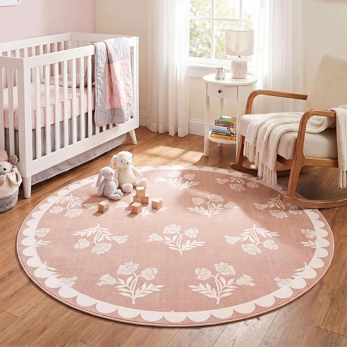 Pink Round Rug 4ft - Soft Washable Boho Floral Round Bedroom Rug Non Slip Stain Resistant Cute Scalloped Circle Area Rugs for Living Room Bathroom Nursery Dining Room Rugs for Under Table