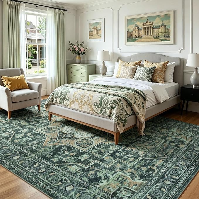 Lofus 8x10 Washable Rugs Non-Slip, Vintage Floral Area Rug for Living Room Bedroom Dining Room Kitchen, Low Pile Distress Print Carpet Home Decor Rug, Octagram Medallion Green