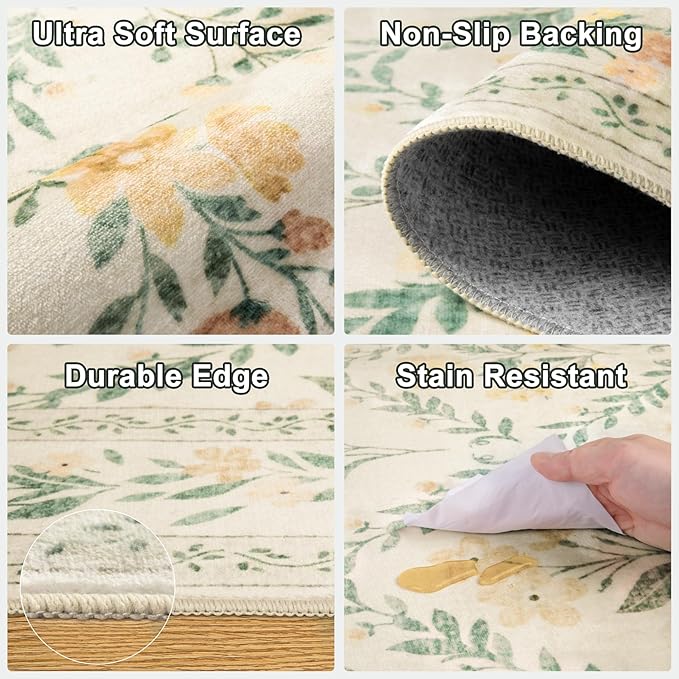 Runner Rug for Entryway: 2.6x14 Kitchen Rugs Non Slip Washable Ultra-Thin Soft Floral Carpet Indoor Floor Stain Resistant Carpets for Hallway Bedroom Kitchen Laundry Bathroom Dorm Beige/Multi