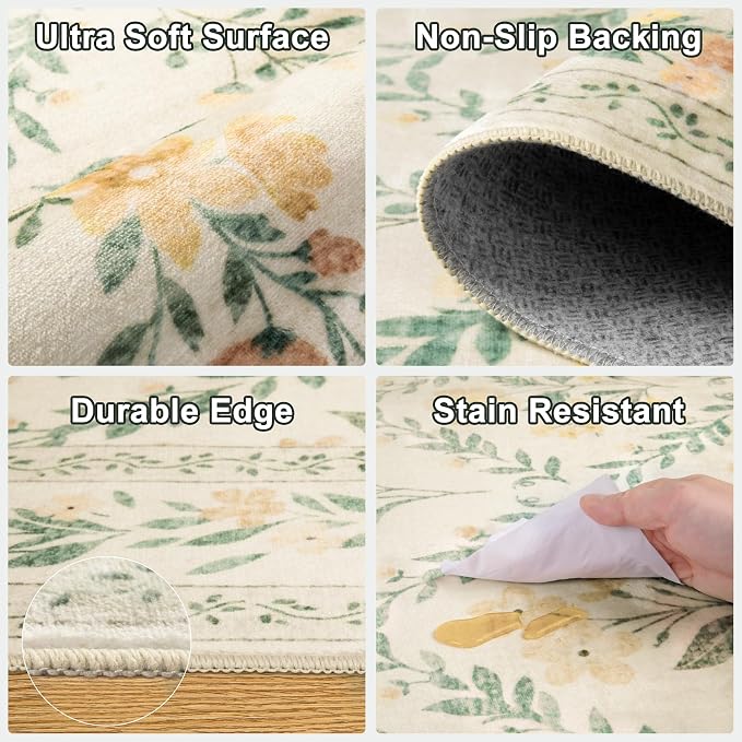 Runner Rug for Entryway: 2.6x10 Kitchen Rugs Non Slip Washable Ultra-Thin Soft Floral Carpet Indoor Floor Stain Resistant Carpets for Hallway Bedroom Kitchen Laundry Bathroom Dorm Beige/Multi