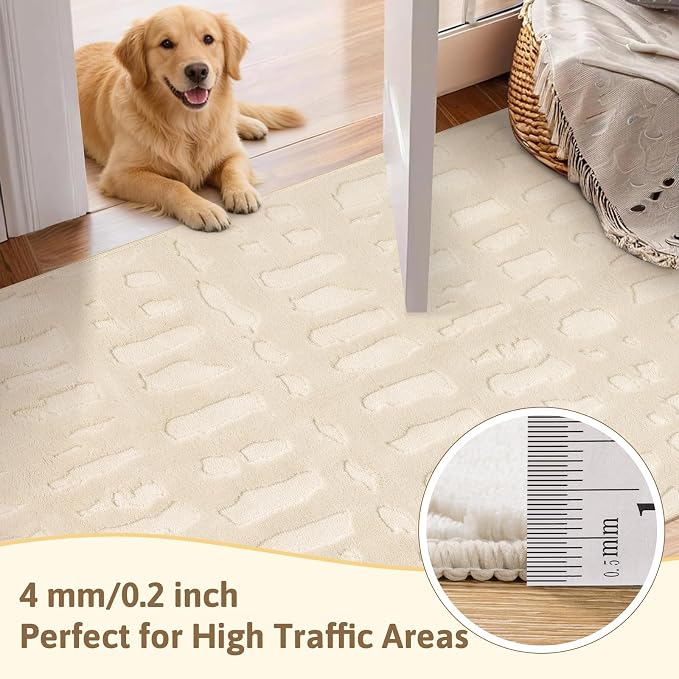 Yamaziot 3x5 Washable Area Rug, High-Low Grid Textured Bedroom Rugs, Soft Fluffy Non-Slip Mats Stain Resistant Contemporary Boho Carpet for Bathroom, Entryway, Office