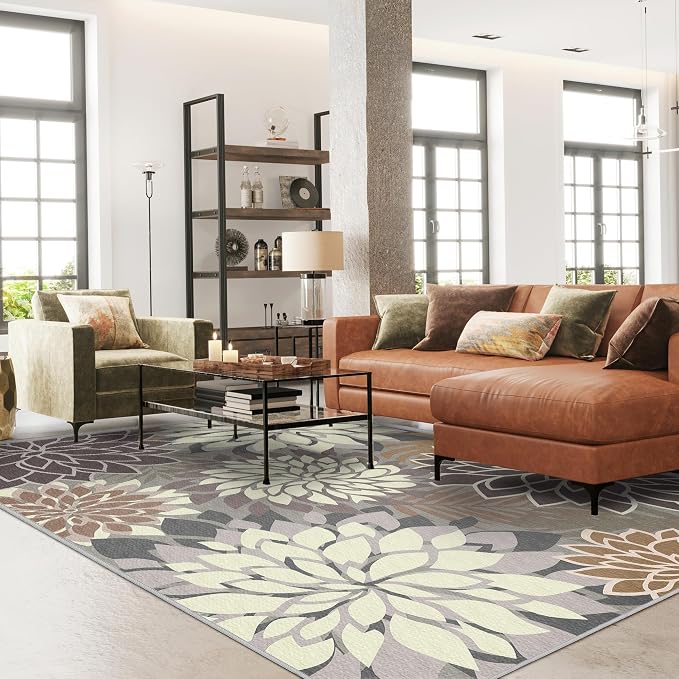 6x9 Outdoor Area Rug Washable Multicolored Patio Rug Tropical Botanical Floral Chenille Waterproof Outdoor Carpet Non-Slip for Patio, Deck, Backyard, Porch, Taupe