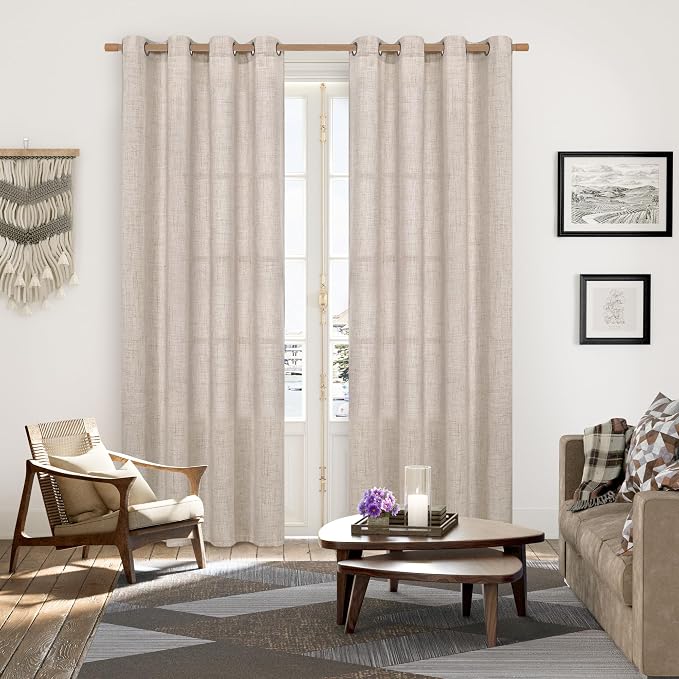 YoungsTex Curtains 84 Inch Length for Living Room, Beige Semi Sheer Drapes with Bronze Grommet Rustic Light Filtering Window Treatments for Dining Bedroom, 2 Panels, 52 X 84 Inch | Semi Sheer Window Treatments with Bronze Grommet Rustic Light Filtering...