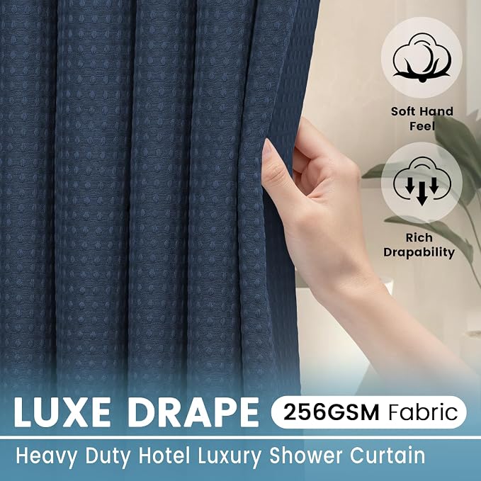 EUTXL Heavyweight Navy Blue No Hook Shower Curtain with Snap in Liner,256GSM Waffle Weave Shower Curtains for Bathroom,71W x 74H