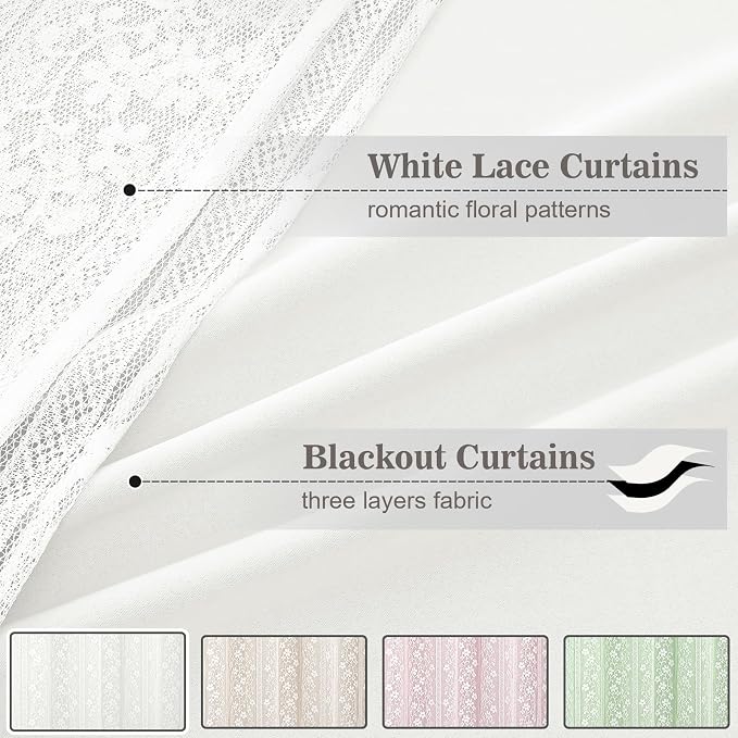 ASPMIZ White Blackout Curtains for Bedroom 84 inch Long, Double Layer Curtains for Living Room Light Blocking Grommet Drapes with Lace Overlay, Thermal Insulated Window Curtain Panels Set of 2, 52x84
