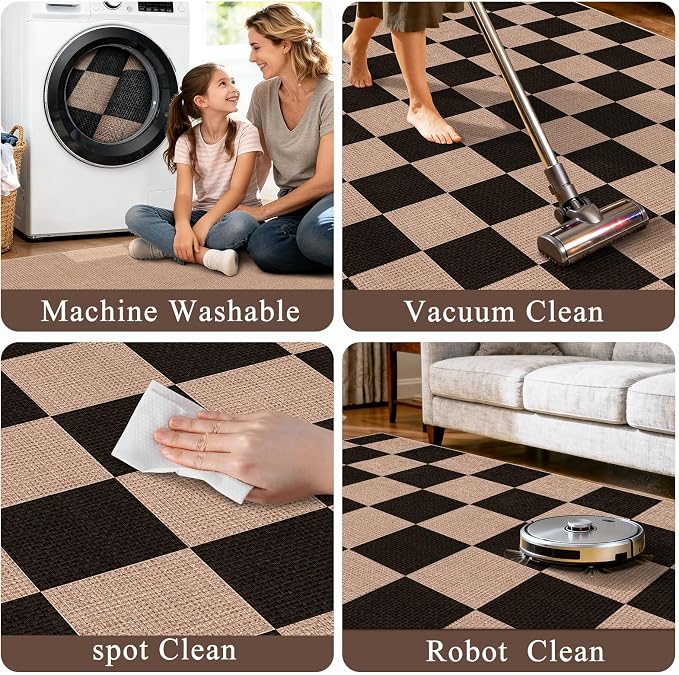 3x6 Kitchen Runner Rug Washable: Non Slip Checkered Faux Jute Farmhouse Mat | Thin Easy Clean Indoor Outdoor Boho Rugs Entryway Hallway Bedroom Modern Home Decor Durable Low Pile Floor Carpet (Black,3x6)