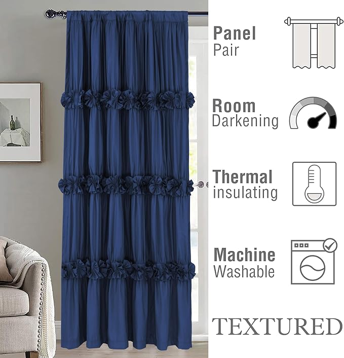 Homechoice Decor Thermal Insulated Window Curtains, 54" W x 84" L (Pair) | Boho Ruched Blackout Window Treatments with 3 Rows of Butterfly Flowers, Rustic Rod Pocket Drapes for Room, Navy (LQ-30)
