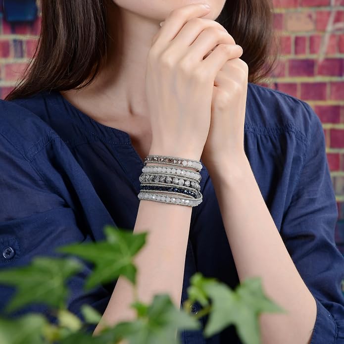 MGR MY GEMS ROCK! 35-Inch Long Multi-Layer Hand Crafted Gemstone and Crystal Multi-Stone Beaded on Genuine Leather Boho Style Stackable Super Wrap Bracelet, up to 5 Wraps.