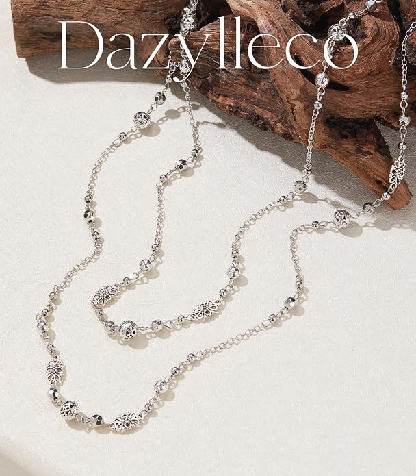 Long Beaded Silver Necklaces for Women Layered Long Statement Necklace with Stone Pearl Beads Double Sweater Chain Costume Jewelry for Women