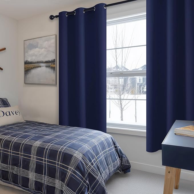 Hiasan Blackout Curtains for Bedroom, Thermal Insulated, Light Blocking, Noise Reducing Window Curtain Panels, Tiebacks Included, Set of 2, Grommet Top (Navy Blue, Width 38 Inch x Length 63 Inch)