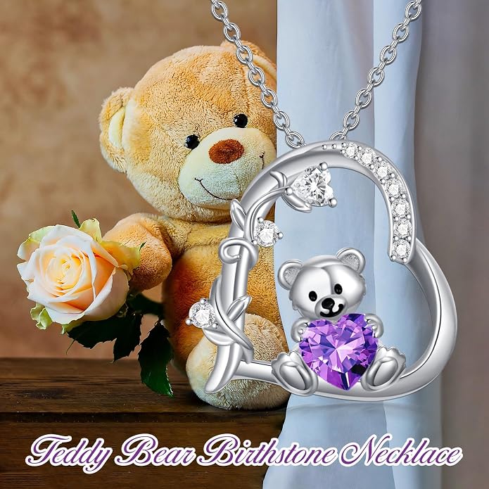 PELOVNY Teddy Bear Necklace for Women 925 Sterling Silver Bear/Highland Cow/Fox/Cat/Axolotl Birthstone Necklace Christmas Birthday Jewelry Gifts for Mom Daughter Wife Sister