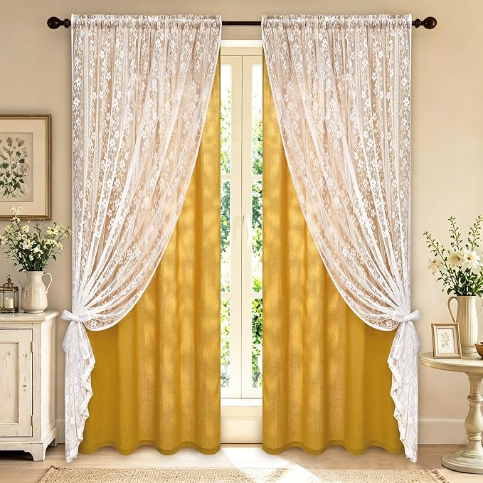 ASPMIZ Linen Curtains for Living Room Double Layer Curtains with Linen Lace, Mustard Yellow Bedroom Curtain Light Filtering, Rod Pocket Drapes 63 Inch Length 2 Panels Set with 2 Tiebacks, 52x63
