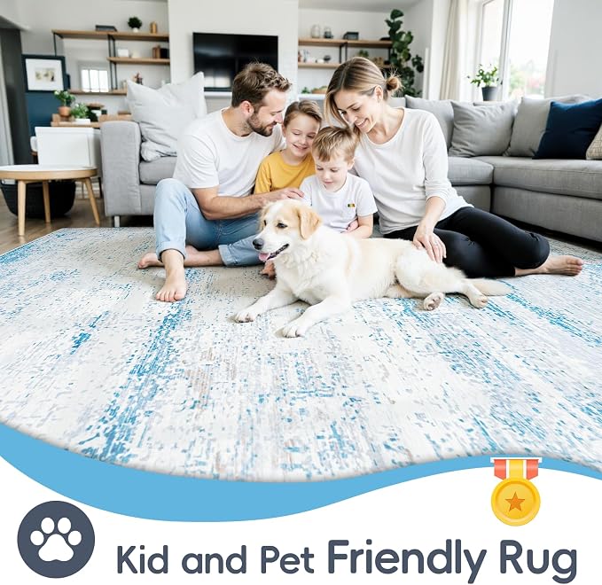 10x12 Area Rugs Washable Rug: Anti-Skid Abstract Modern Living Room Rug Soft Thin Carpets Indoor Floor Non-Shedding Carpet for Bedroom Dining Nursery Home Office (Light Blue/White/Beige,10'x12')