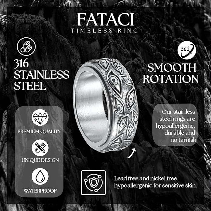 Gothic Evil Eye of God Rings,Stainless Steel Vintage Black Engraved Spinner Rings Fidget Band Stress Relieving Anxiety Jewelry Gifts for Men