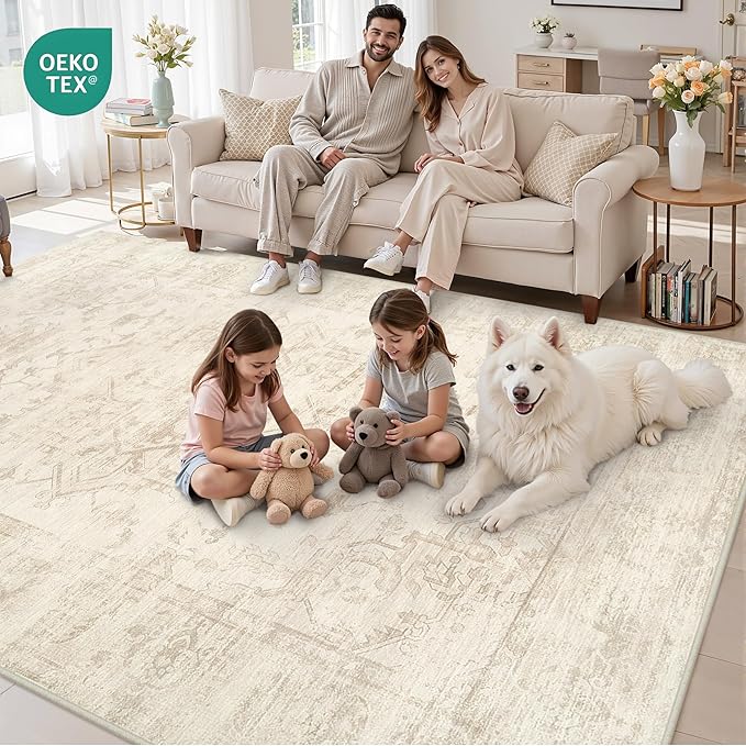 10x14 Area Rug for Living Room: Vintage Boho Neutral Washable Rug Indoor Soft Large Area Rug Carpet for Bedroom Nursery Farmhouse Dining Room Office Floor Non-Slip Low Pile Under Table Rug Beige/Brown